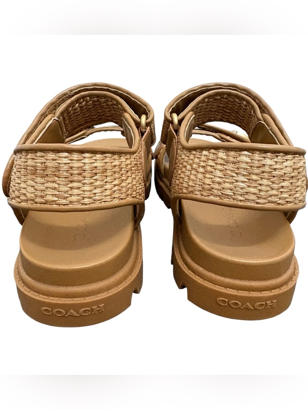 NWT Coach Brynn Raffia Sandals Natural Straw Gold Hardware Velcro Straps Size 5 - Picture 5 of 11